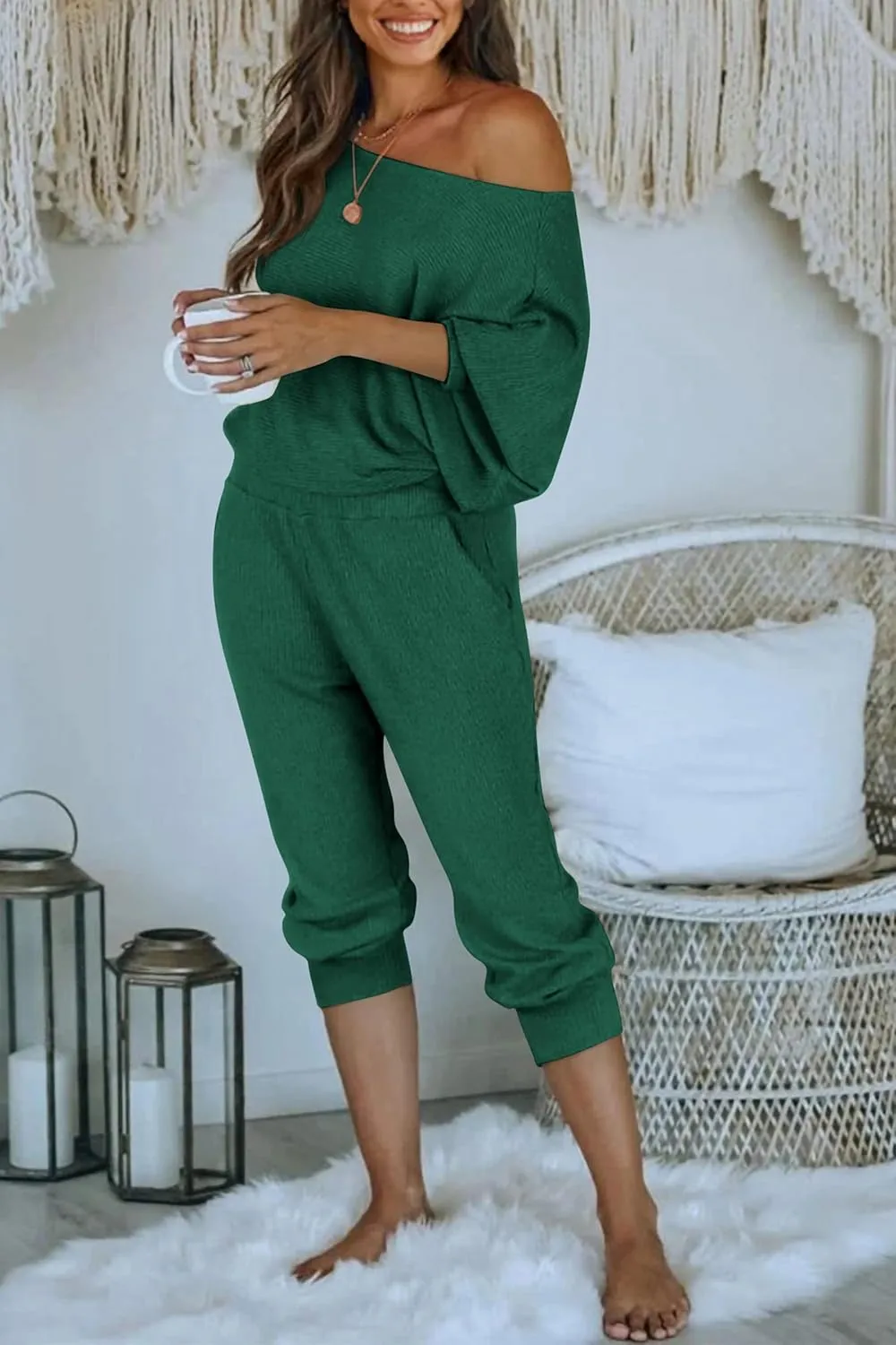 PRETTYGARDEN Women's 2 Piece Ribbed Tracksuit Outfits Off Shoulder Long Sleeve Pullover Lounge Pants with Pockets