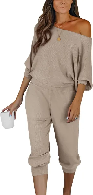 PRETTYGARDEN Women's 2 Piece Ribbed Tracksuit Outfits Off Shoulder Long Sleeve Pullover Lounge Pants with Pockets