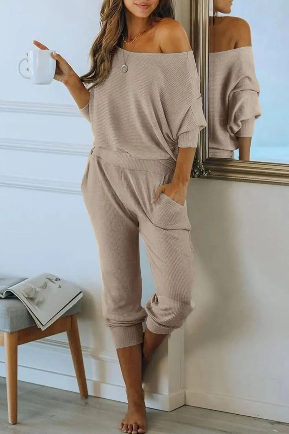 PRETTYGARDEN Women's 2 Piece Ribbed Tracksuit Outfits Off Shoulder Long Sleeve Pullover Lounge Pants with Pockets