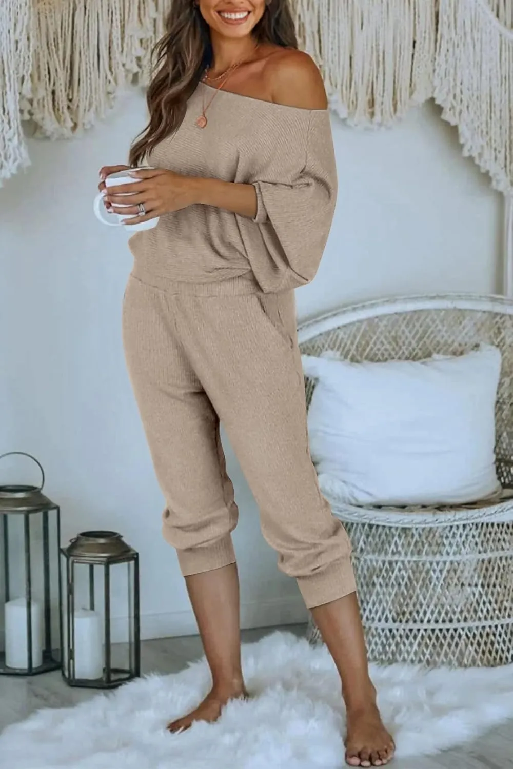 PRETTYGARDEN Women's 2 Piece Ribbed Tracksuit Outfits Off Shoulder Long Sleeve Pullover Lounge Pants with Pockets