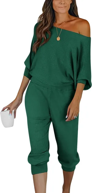 PRETTYGARDEN Women's 2 Piece Ribbed Tracksuit Outfits Off Shoulder Long Sleeve Pullover Lounge Pants with Pockets