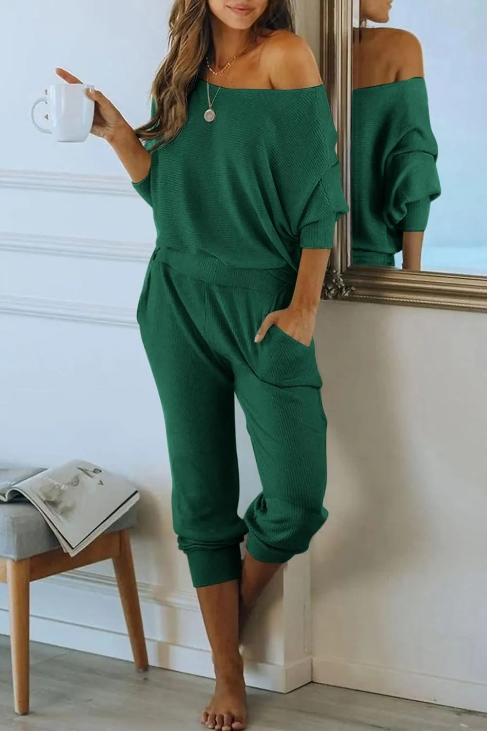PRETTYGARDEN Women's 2 Piece Ribbed Tracksuit Outfits Off Shoulder Long Sleeve Pullover Lounge Pants with Pockets