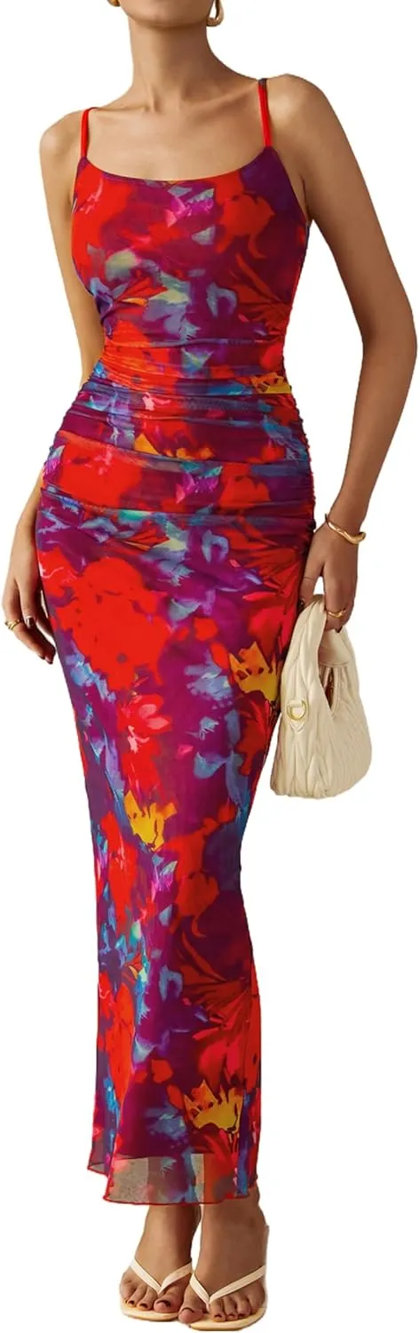 PRETTYGARDEN Women's Floral Maxi Dress 2025 Summer Spaghetti Strap Ruched Mesh Bodycon Wedding Guest Beach Party Long Dresses
