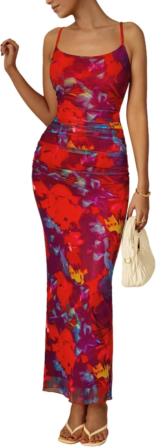 PRETTYGARDEN Women's Floral Maxi Dress 2025 Summer Spaghetti Strap Ruched Mesh Bodycon Wedding Guest Beach Party Long Dresses