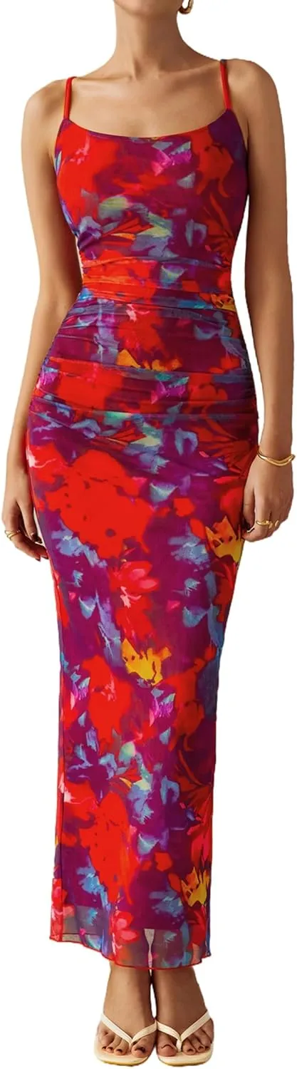 PRETTYGARDEN Women's Floral Maxi Dress 2025 Summer Spaghetti Strap Ruched Mesh Bodycon Wedding Guest Beach Party Long Dresses