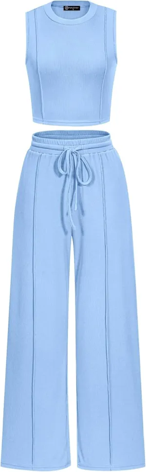 PRETTYGARDEN Women's Summer 2 Piece Loungewear Set Cropped Tank Top Wide Leg Sweatpants Tracksuit Casual Outfits