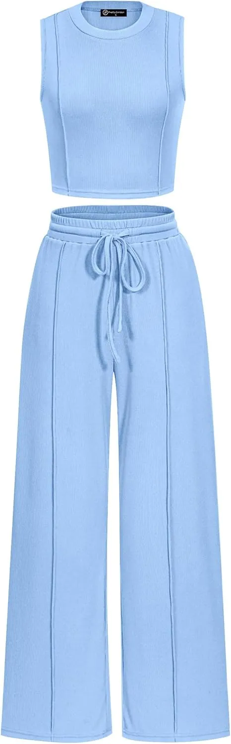 PRETTYGARDEN Women's Summer 2 Piece Loungewear Set Cropped Tank Top Wide Leg Sweatpants Tracksuit Casual Outfits