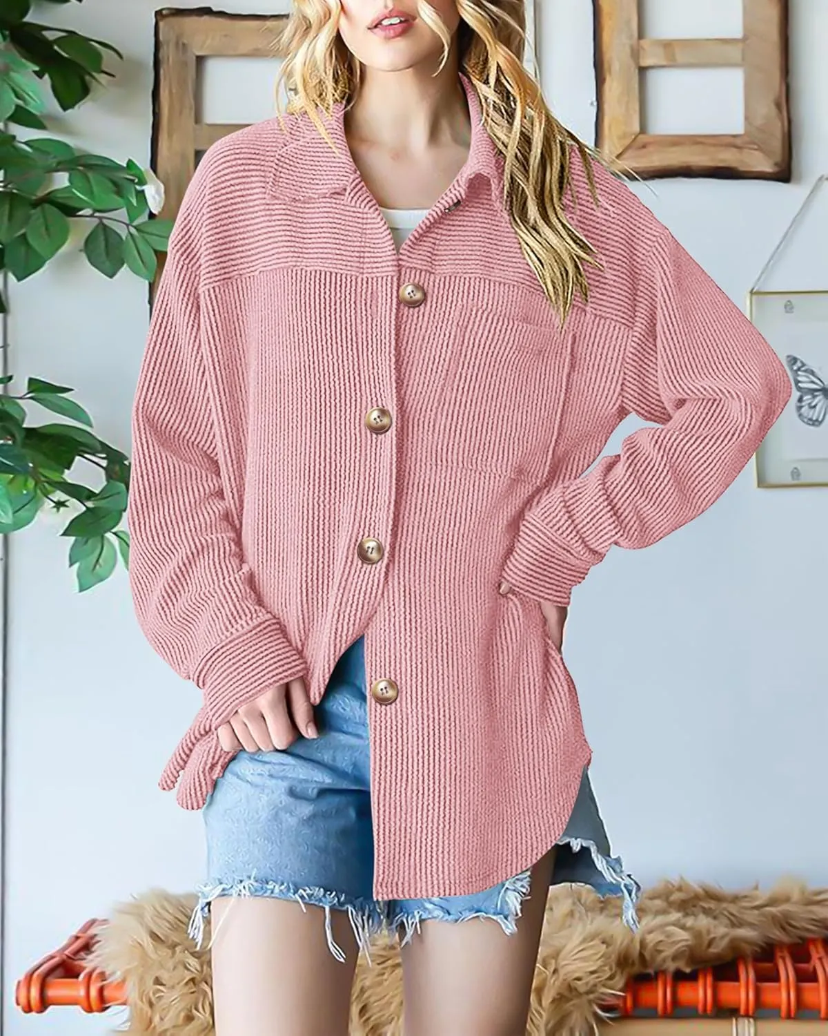 PRETTYGARDEN Women's Tops Casual Button Down Shirts Spring Fashion Long Sleeve Shacket Jacket Loose Texture Knit Blouses