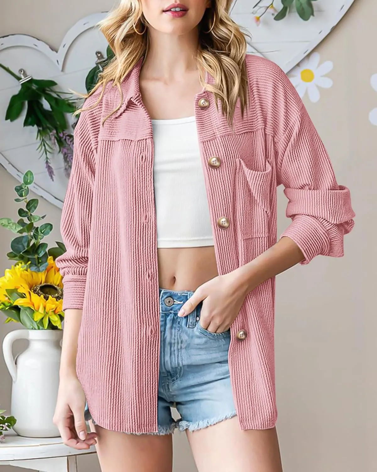 PRETTYGARDEN Women's Tops Casual Button Down Shirts Spring Fashion Long Sleeve Shacket Jacket Loose Texture Knit Blouses