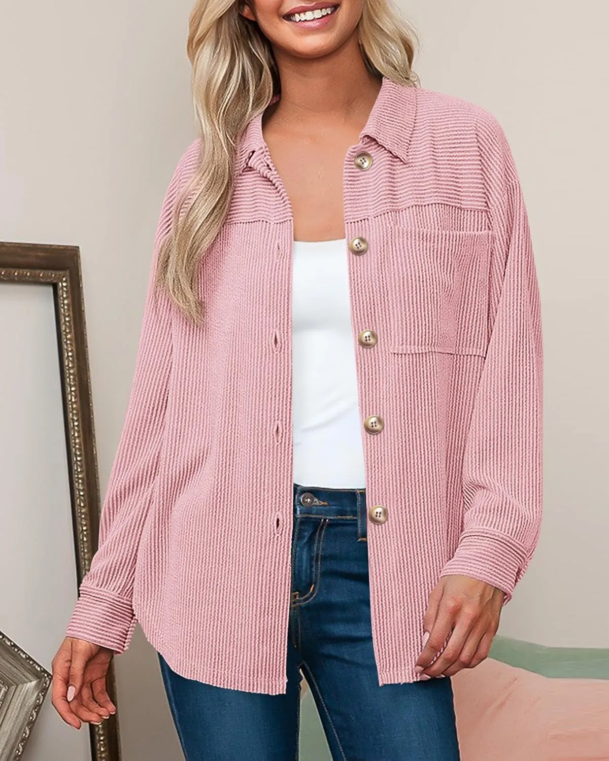 PRETTYGARDEN Women's Tops Casual Button Down Shirts Spring Fashion Long Sleeve Shacket Jacket Loose Texture Knit Blouses
