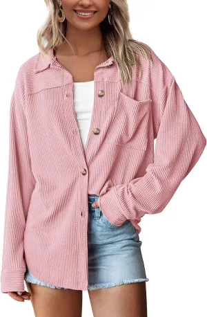 PRETTYGARDEN Women's Tops Casual Button Down Shirts Spring Fashion Long Sleeve Shacket Jacket Loose Texture Knit Blouses