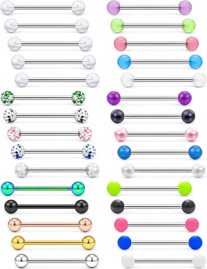 Prjndjw 14G, 16/19/22mmL, 25/30PCS, 5mm Ball Barbell Tongue Ring. Surgical Steel Nipple Piercing Vemom/Glow in The Dark/Created Pearl/Body Jewelry for Woman Unisex