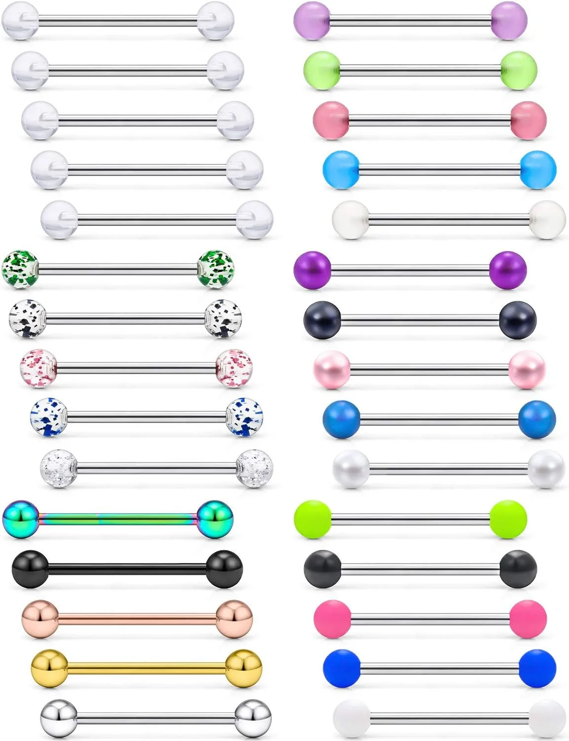 Prjndjw 14G, 16/19/22mmL, 25/30PCS, 5mm Ball Barbell Tongue Ring. Surgical Steel Nipple Piercing Vemom/Glow in The Dark/Created Pearl/Body Jewelry for Woman Unisex