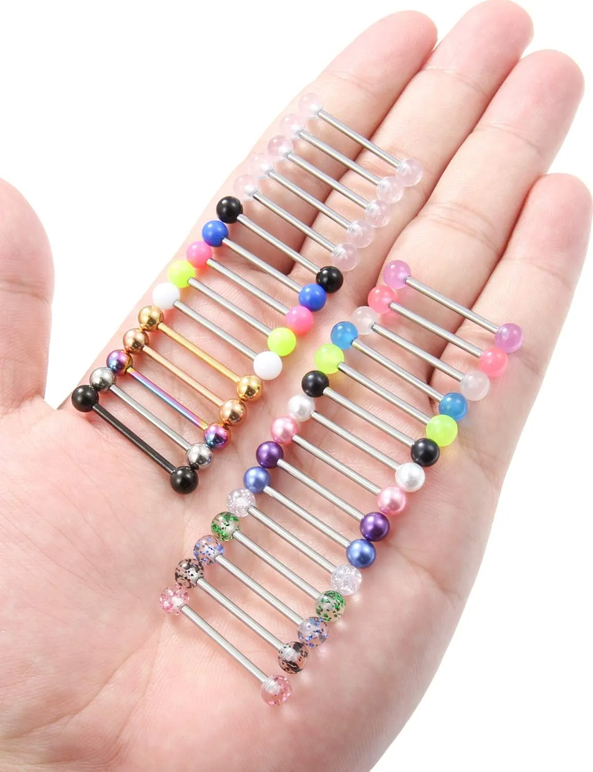 Prjndjw 14G, 16/19/22mmL, 25/30PCS, 5mm Ball Barbell Tongue Ring. Surgical Steel Nipple Piercing Vemom/Glow in The Dark/Created Pearl/Body Jewelry for Woman Unisex