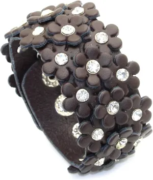 Punk Rock Crystal Flower Pattern Wide Pu Leather Adjustable Cuff Bracelet