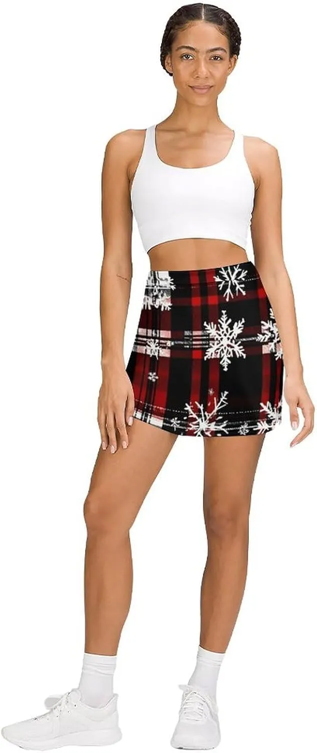 Red Christmas Pattern Women's Athletic Skirts Light Proof A-line Trouser Skirt with Shorts Pockets
