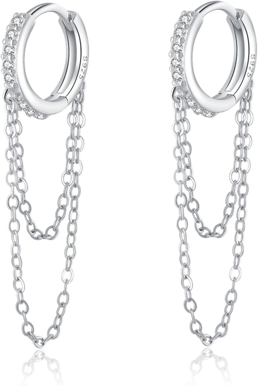 Reffeer 925 Sterling Silver CZ Chain Hoop Earrings Dangle Chain for Women Teens Dangle Earrings Tassel Hoop Earrings