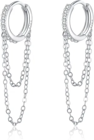 Reffeer 925 Sterling Silver CZ Chain Hoop Earrings Dangle Chain for Women Teens Dangle Earrings Tassel Hoop Earrings
