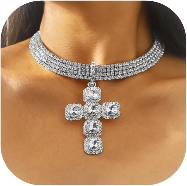 Rhinestone Cross Choker Necklace Cubic Zirconia Iced Out Diamond Tennis Hip Hop Cross Necklace For Women
