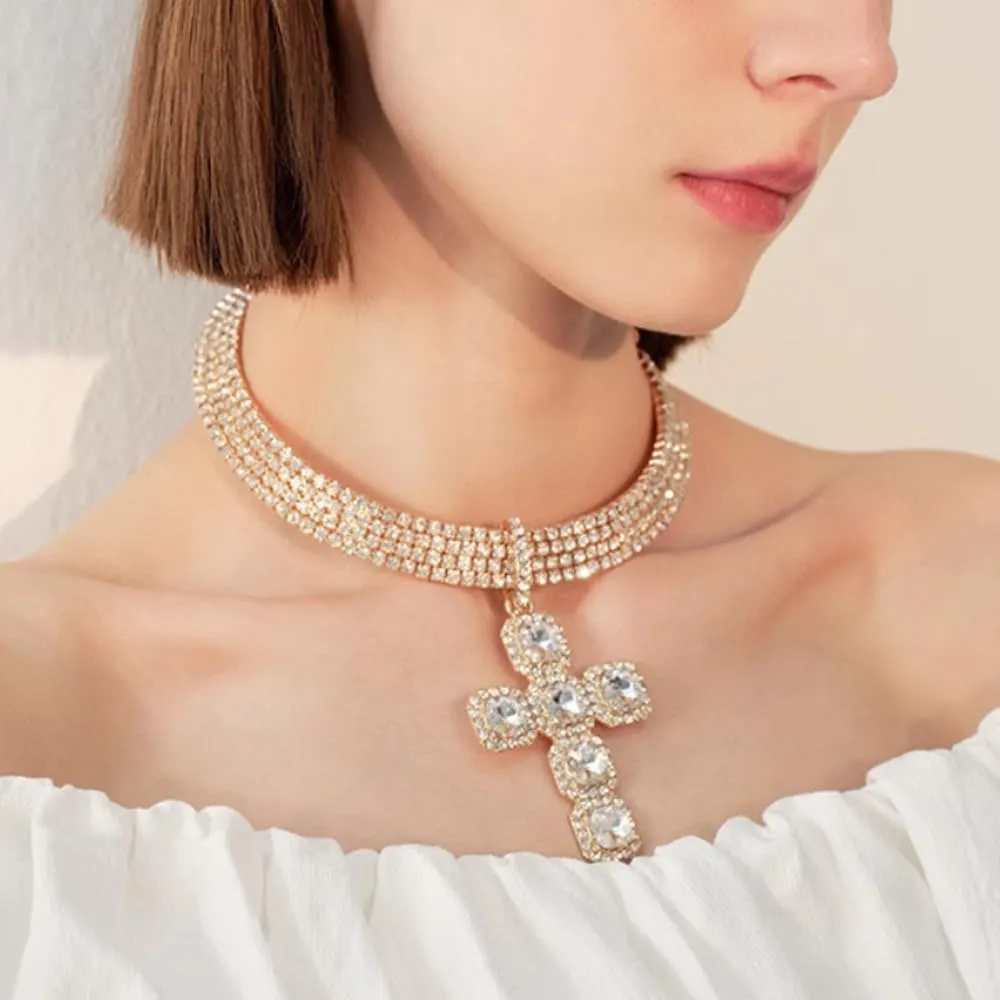 Rhinestone Cross Choker Necklace Cubic Zirconia Iced Out Diamond Tennis Hip Hop Cross Necklace For Women