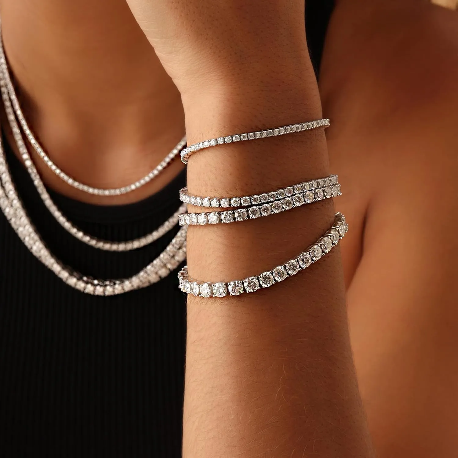 Round Cut Lab Created Moissanite Diamond Tennis Bracelet Jewelry For Men Women In 14K White Gold Plated 925 Sterling Silver VVS1 Clarity 2.00 Ct To 26.25Ct, 2MM To 6MM Width, 6.5" To 8"