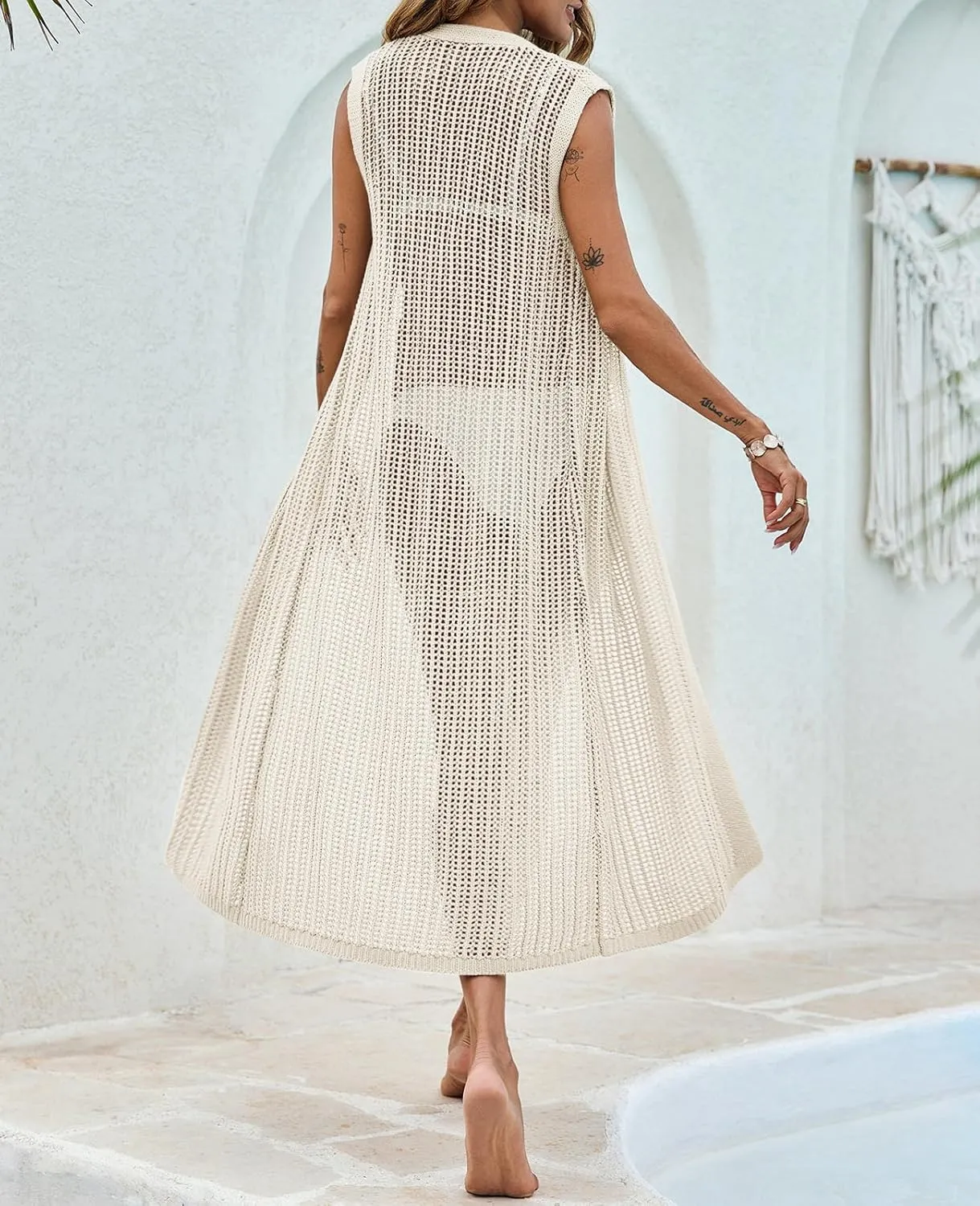 Saodimallsu Womens Crochet Beach Cover Up Summer Sleeveless Sweater Vest Knit Button Up Long Cardigans