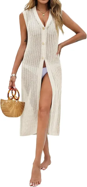 Saodimallsu Womens Crochet Beach Cover Up Summer Sleeveless Sweater Vest Knit Button Up Long Cardigans