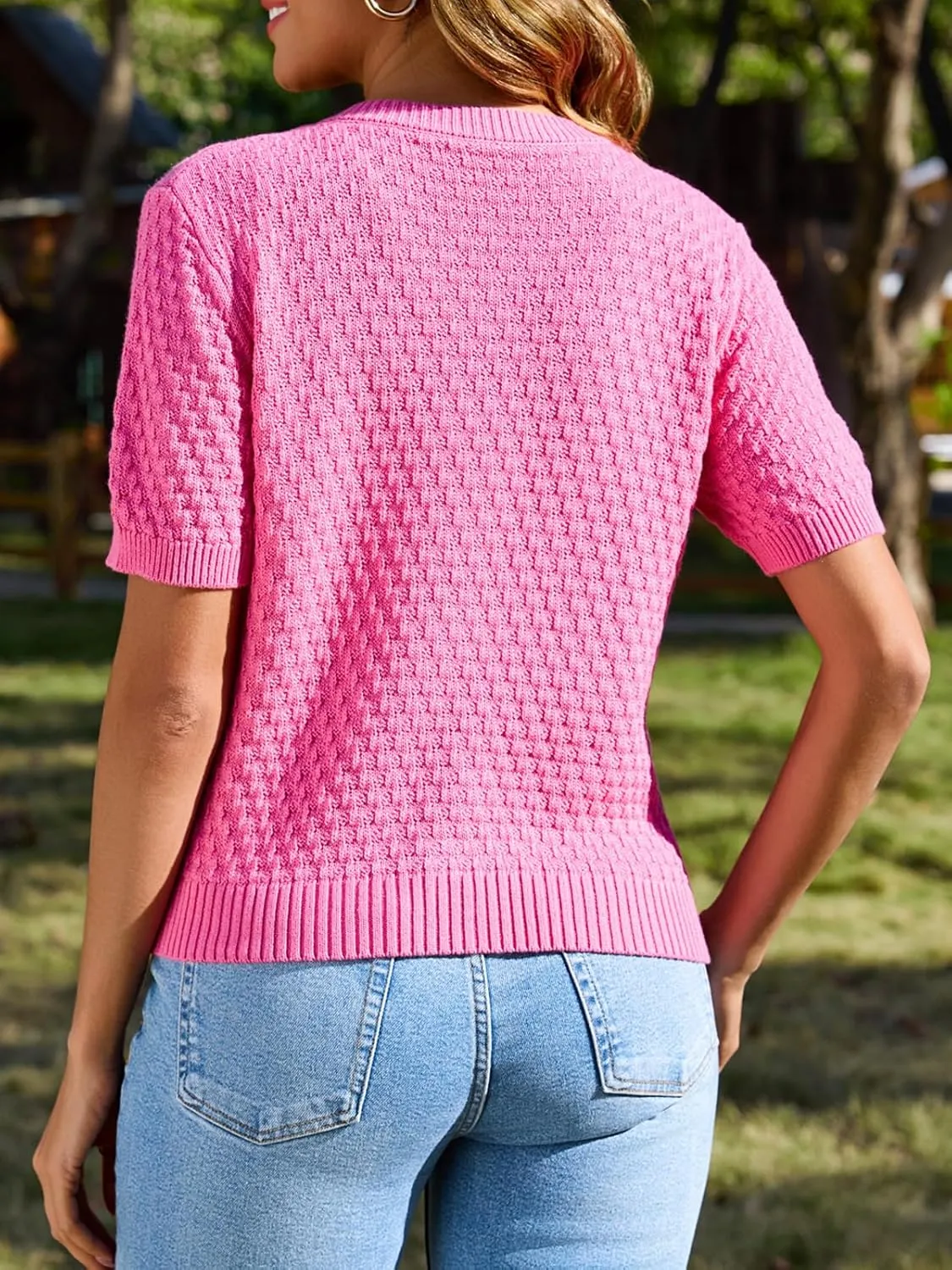 Saodimallsu Womens Short Sleeve Cardigan Summer Casual Crew Neck Button Down Lightweight Knit Sweater Tops with Pockets