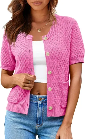 Saodimallsu Womens Short Sleeve Cardigan Summer Casual Crew Neck Button Down Lightweight Knit Sweater Tops with Pockets