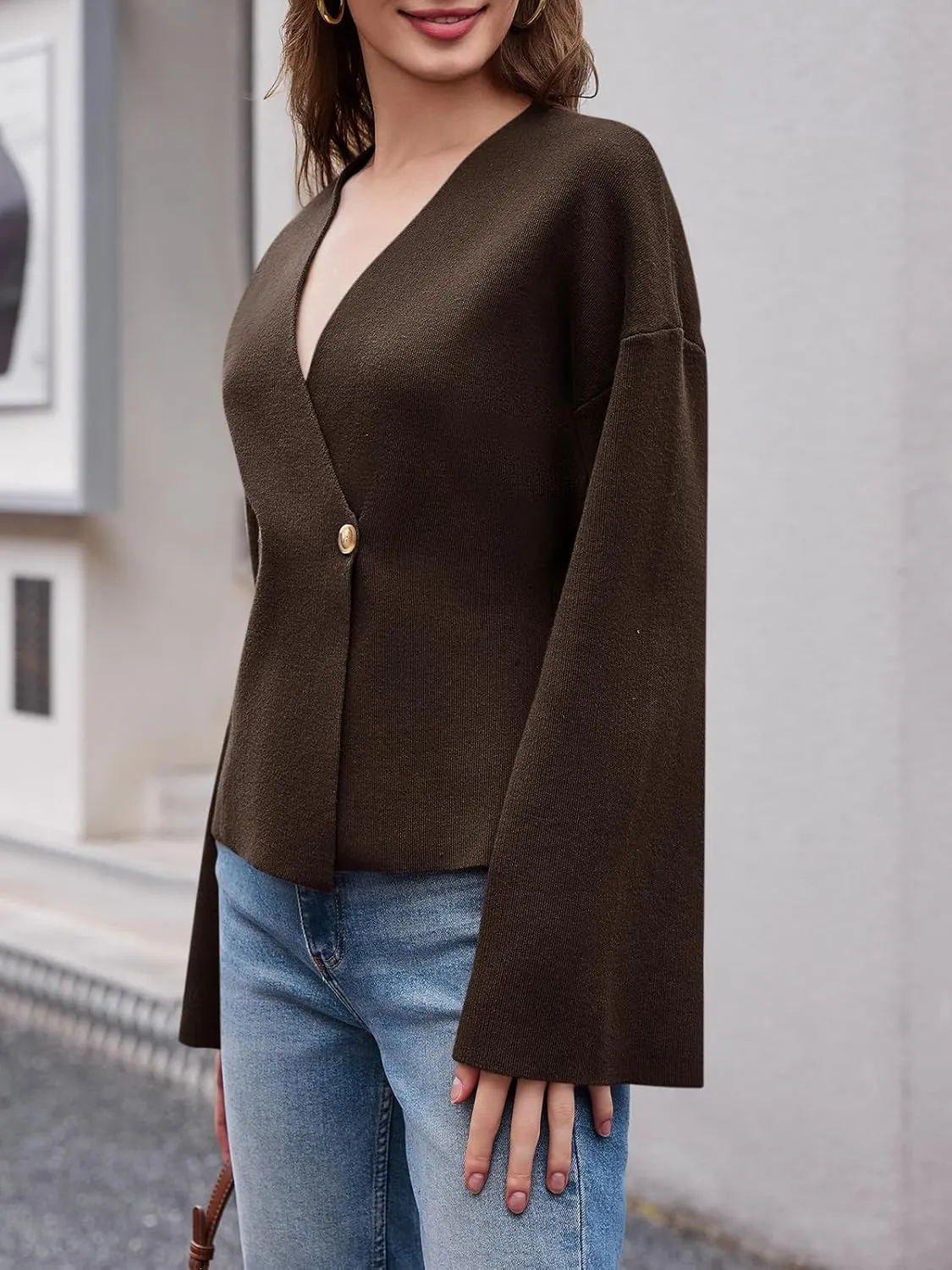 Saodimallsu Womens V Neck Cardigans Long Bell Sleeve Button Down Open Front Loose Knit Fall Sweater Blazer