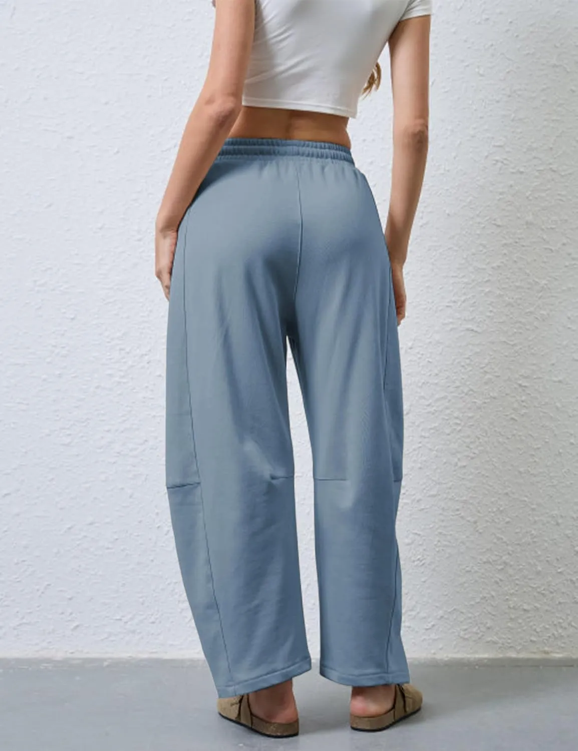 SeekMe Women's Barrel Leg Sweatpant Drawstring Elastic Waisted Wide Leg Pants Casual Cotton Palazzo Trousers with Pockets