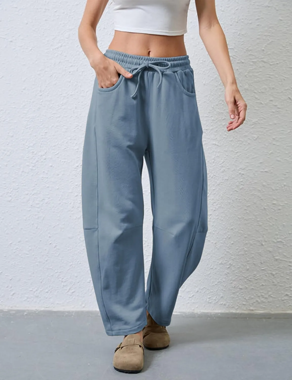 SeekMe Women's Barrel Leg Sweatpant Drawstring Elastic Waisted Wide Leg Pants Casual Cotton Palazzo Trousers with Pockets