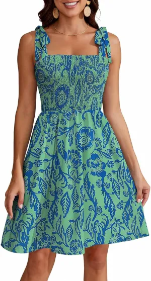 Short Summer Dresses for Women 2025 Beach Vacation Tie Spaghetti Strap Square Neck Sleeveless Swing Boho Dress
