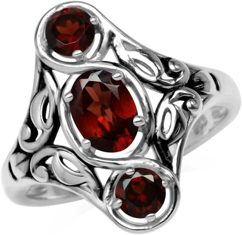 Silvershake Art Deco Filigree 3-Stone Gemstone White Gold Plated 925 Sterling Silver Birthstone Right Hand Ring