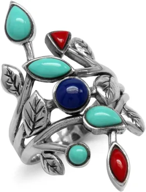 Silvershake Created Green Turquoise Red Coral and Blue Lapis 925 Sterling Silver Leaf Vintage Style Ring Size 6