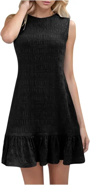 Sleeveless Tank Dresses for Women Summer Ruffle Hem Sundress Casual Mini Dress Solid Color Round Neck Dress 2025