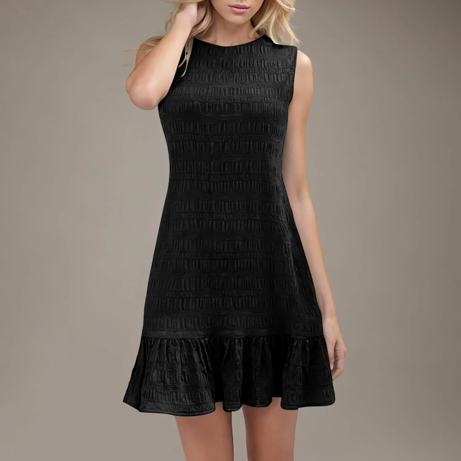 Sleeveless Tank Dresses for Women Summer Ruffle Hem Sundress Casual Mini Dress Solid Color Round Neck Dress 2025