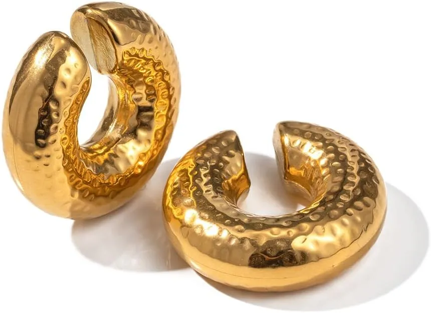 SLOONG Oversize Chunky Earrings 14K Gold Planted Stainless Steel Ear Cuff Pothole Round Circle Clip on Earrings for Women Clip On Cartilage non pierced