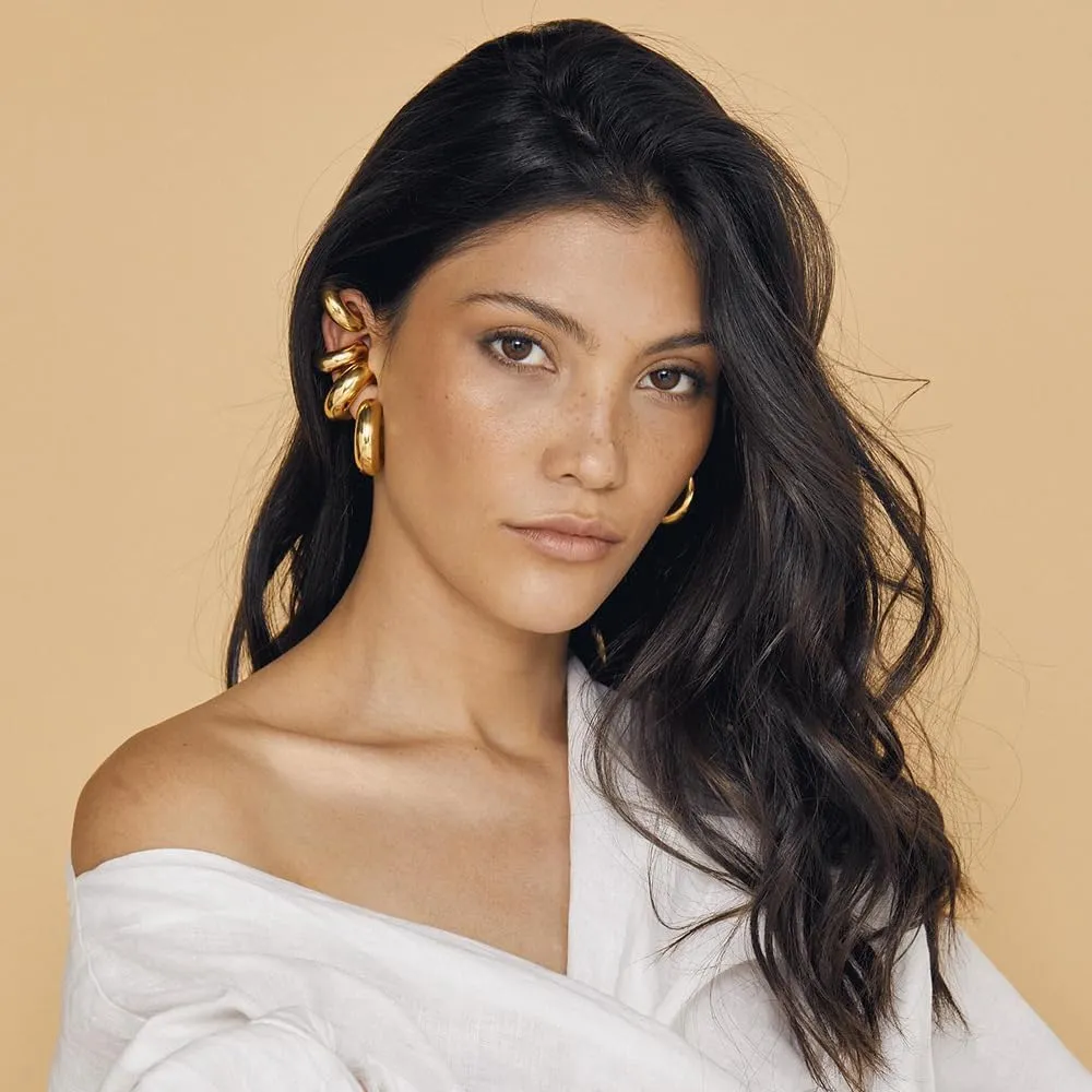 SLOONG Oversize Chunky Earrings 14K Gold Planted Stainless Steel Ear Cuff Round Circle Clip on Earrings for Women Clip On Cartilage non pierced