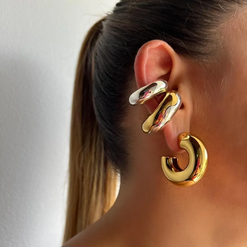 SLOONG Oversize Chunky Earrings 14K Gold Planted Stainless Steel Ear Cuff Round Circle Clip on Earrings for Women Clip On Cartilage non pierced