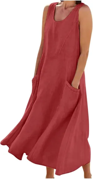 SMIDOW Cotton Linen Long Dresses for Women Casual Summer 2023 Beach Flowy Tshirt Sundress Sleeveless Tank Dress with Pockets