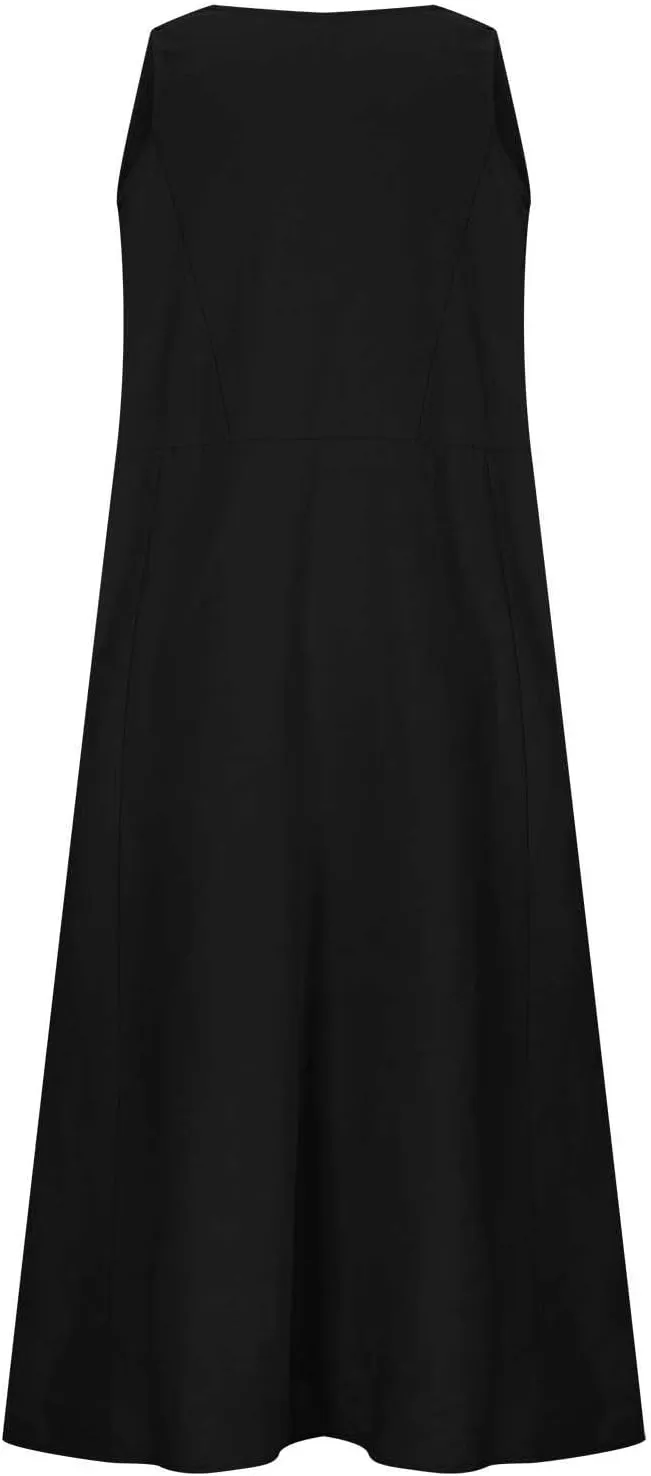 SMIDOW Cotton Linen Long Dresses for Women Casual Summer 2023 Beach Flowy Tshirt Sundress Sleeveless Tank Dress with Pockets