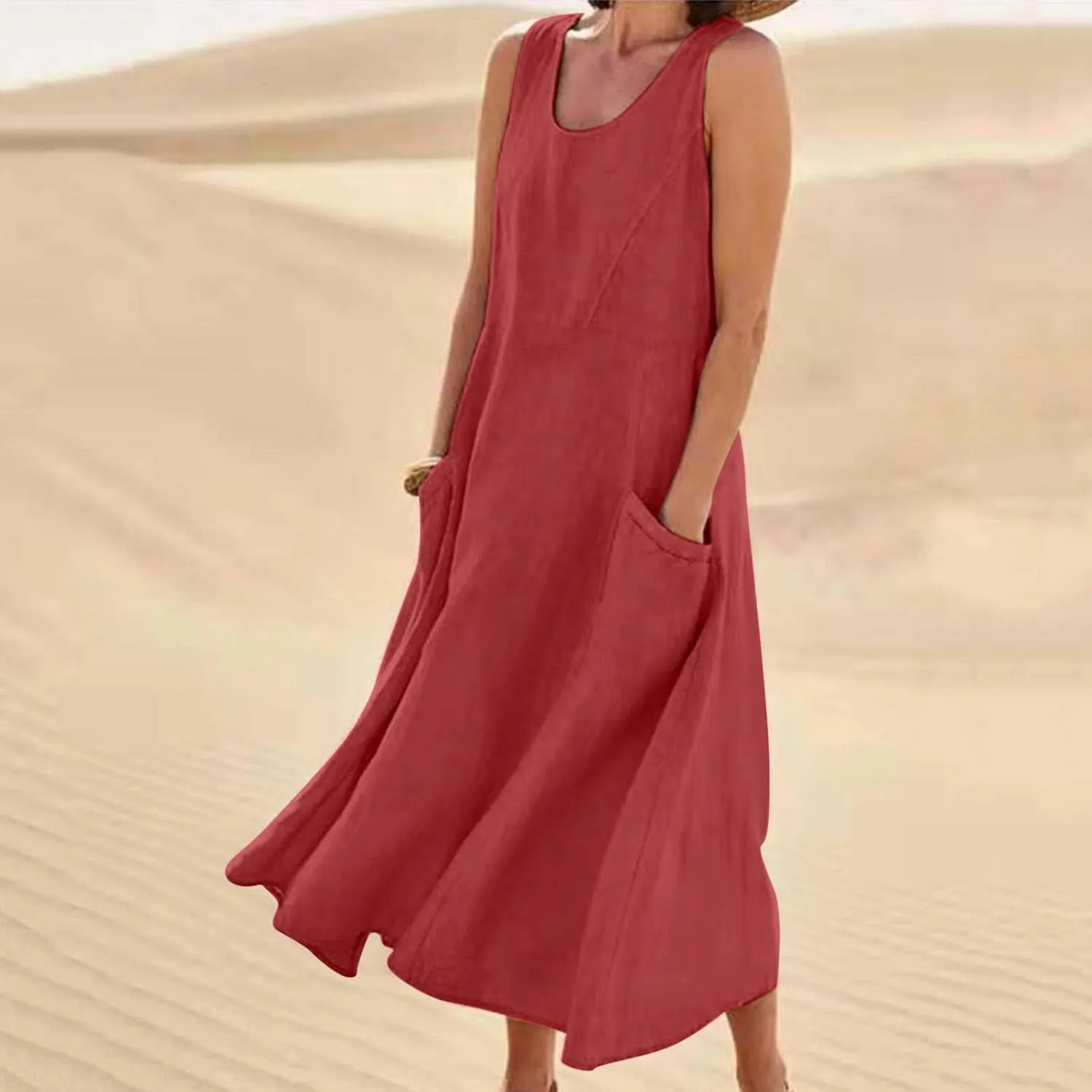 SMIDOW Cotton Linen Long Dresses for Women Casual Summer 2023 Beach Flowy Tshirt Sundress Sleeveless Tank Dress with Pockets
