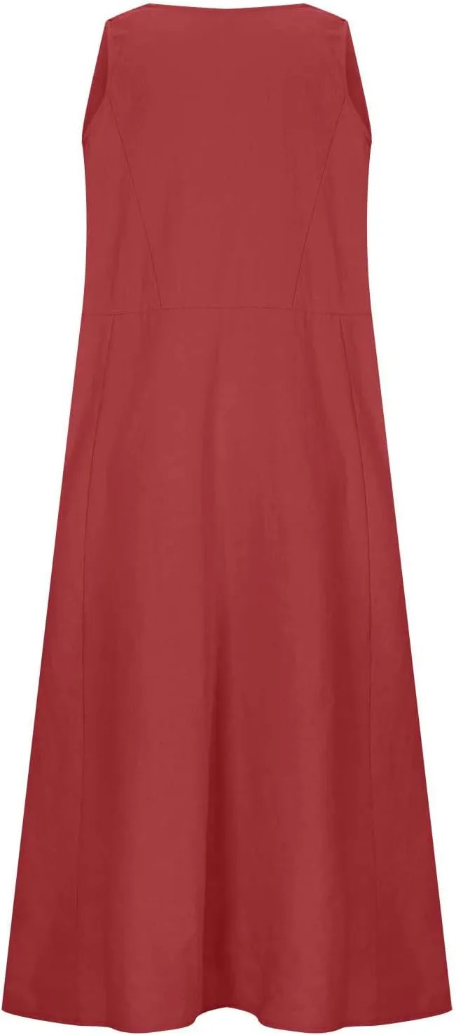 SMIDOW Cotton Linen Long Dresses for Women Casual Summer 2023 Beach Flowy Tshirt Sundress Sleeveless Tank Dress with Pockets