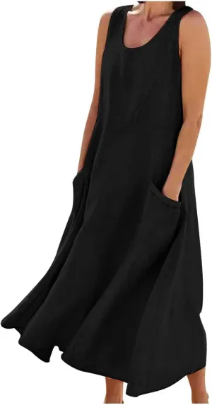 SMIDOW Cotton Linen Long Dresses for Women Casual Summer 2023 Beach Flowy Tshirt Sundress Sleeveless Tank Dress with Pockets