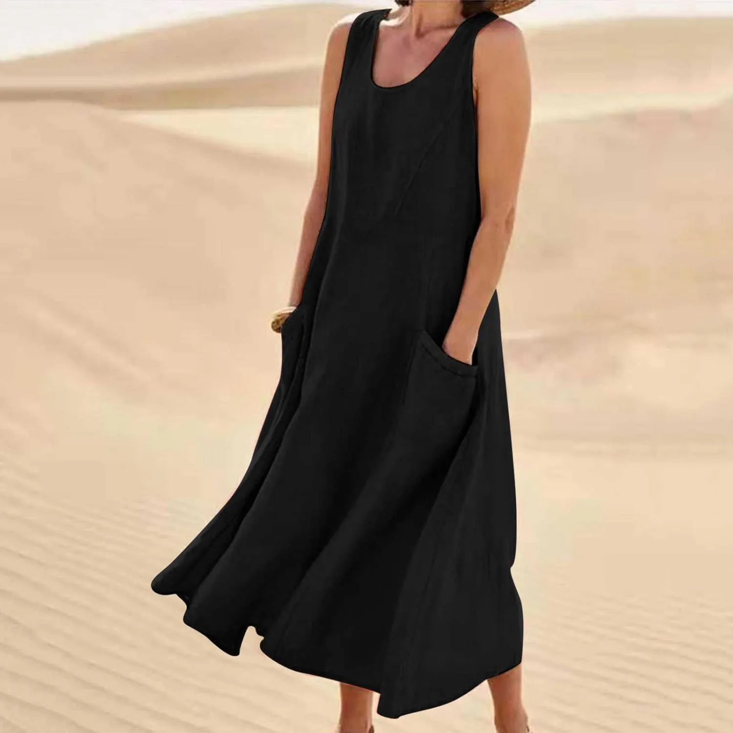 SMIDOW Cotton Linen Long Dresses for Women Casual Summer 2023 Beach Flowy Tshirt Sundress Sleeveless Tank Dress with Pockets