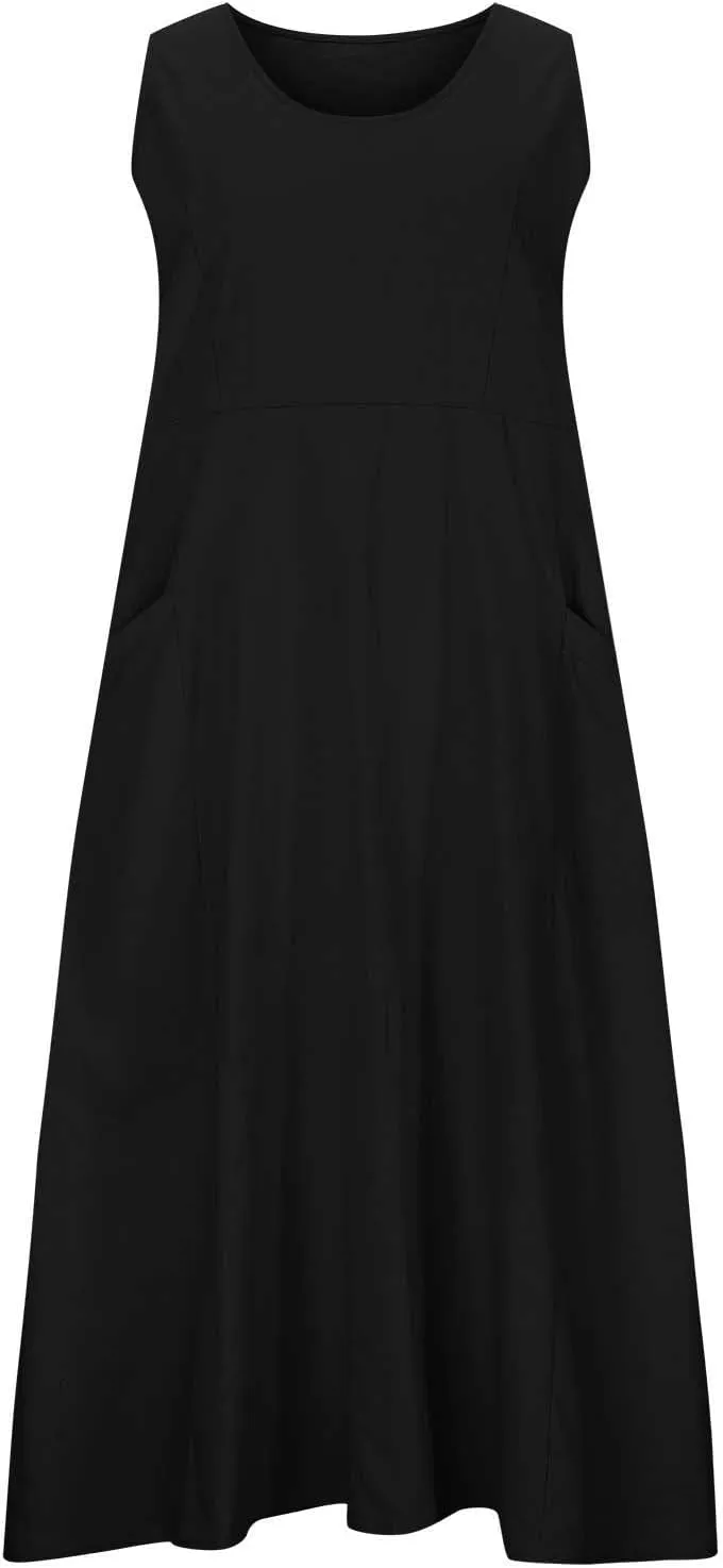 SMIDOW Cotton Linen Long Dresses for Women Casual Summer 2023 Beach Flowy Tshirt Sundress Sleeveless Tank Dress with Pockets
