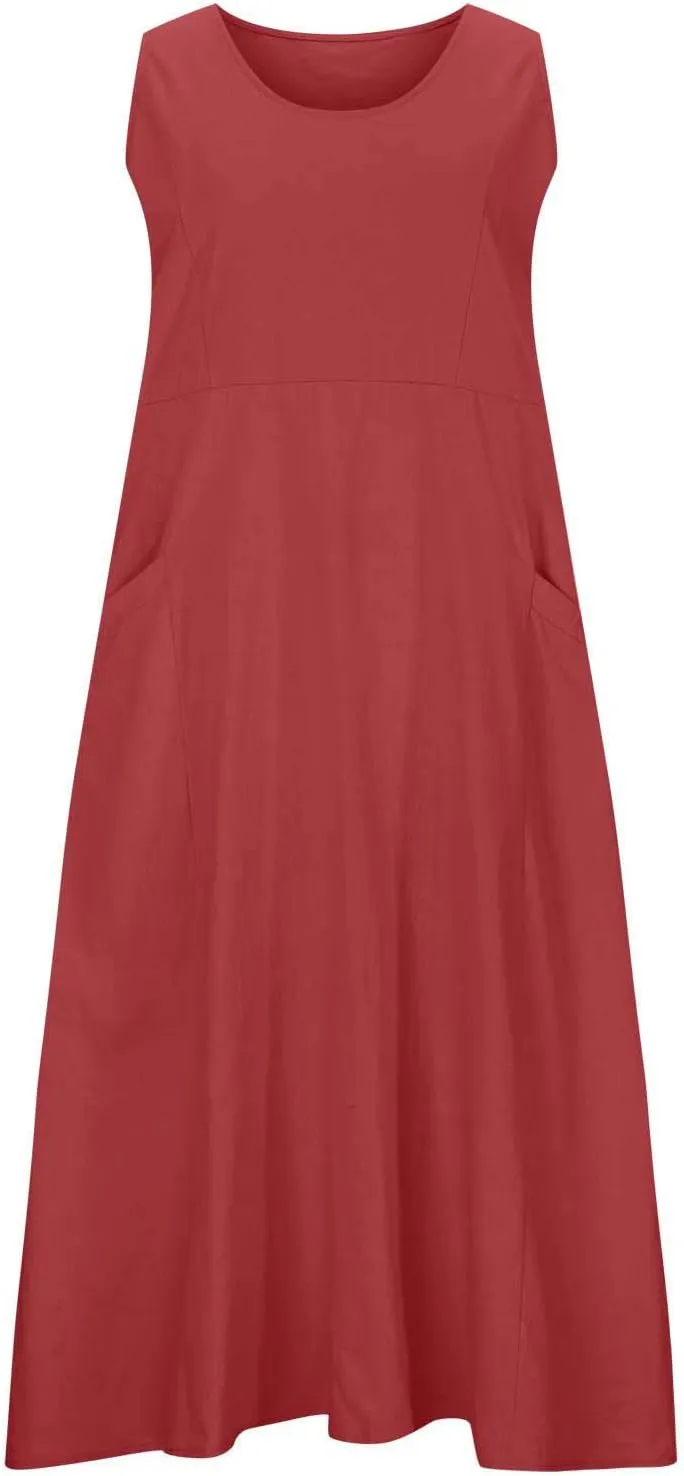 SMIDOW Cotton Linen Long Dresses for Women Casual Summer 2023 Beach Flowy Tshirt Sundress Sleeveless Tank Dress with Pockets