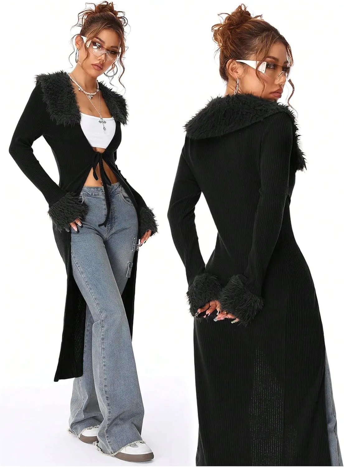 SOLY HUX Long Cardigan for Women Fuzzy Trim Open Front Tie Long Sleeve Y2k Cardigans