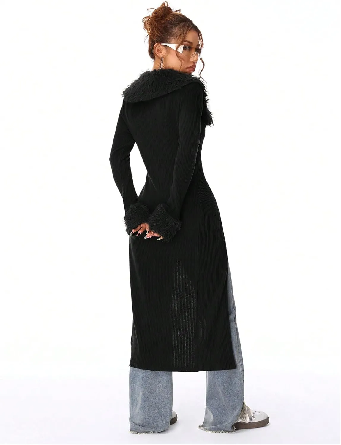 SOLY HUX Long Cardigan for Women Fuzzy Trim Open Front Tie Long Sleeve Y2k Cardigans